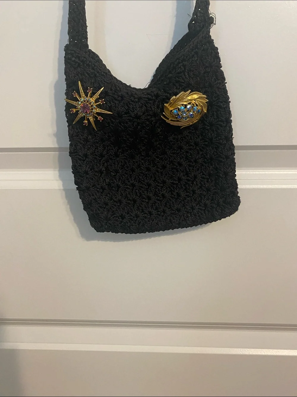 Black Crocheted Crossbody Bag with Gold Embellishments - Picture 2 of 2